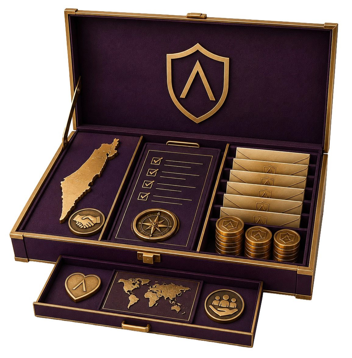 Otzar philanthropy case with gold emblems, coins and letters