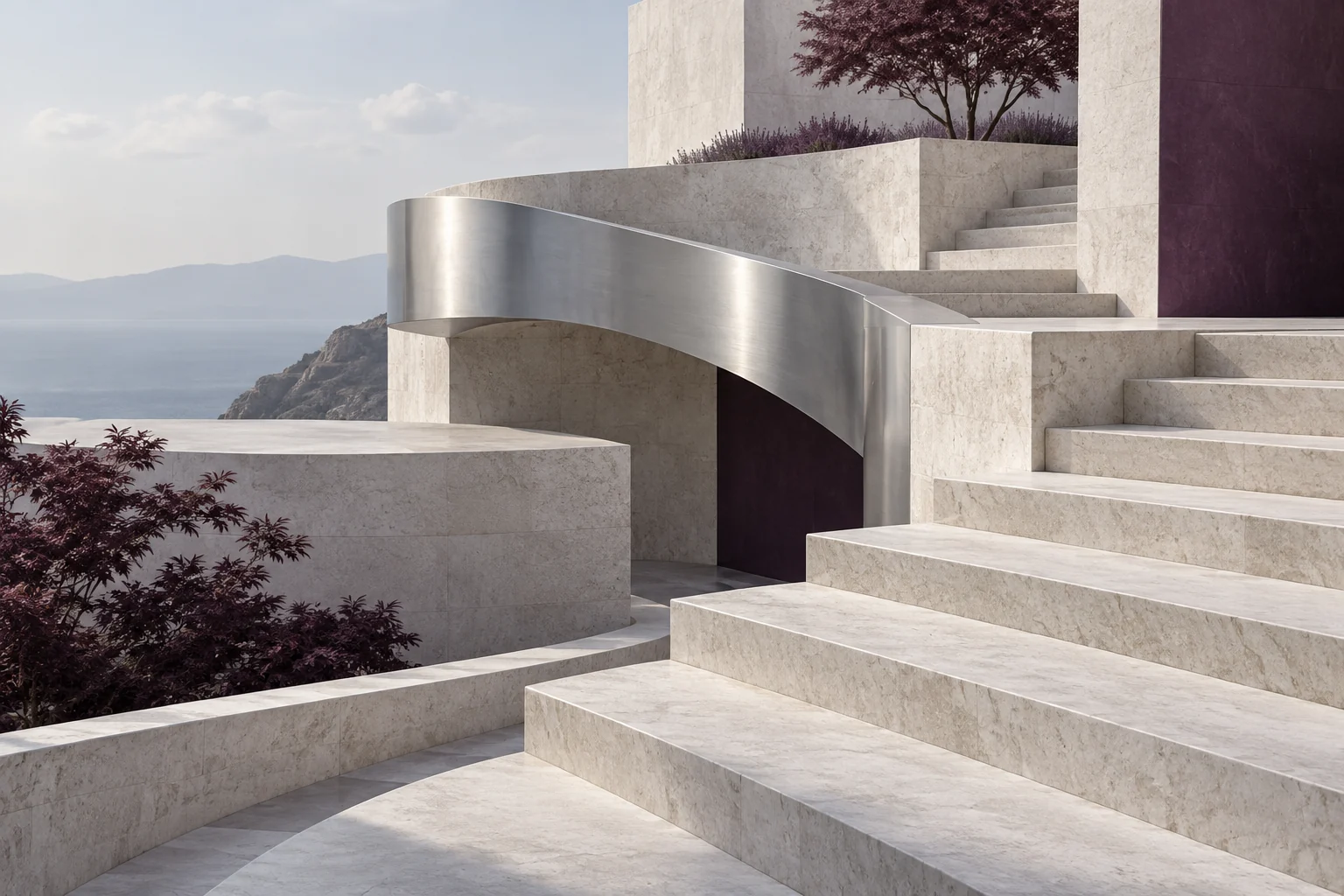 Architectural terraces and a connecting metal structure